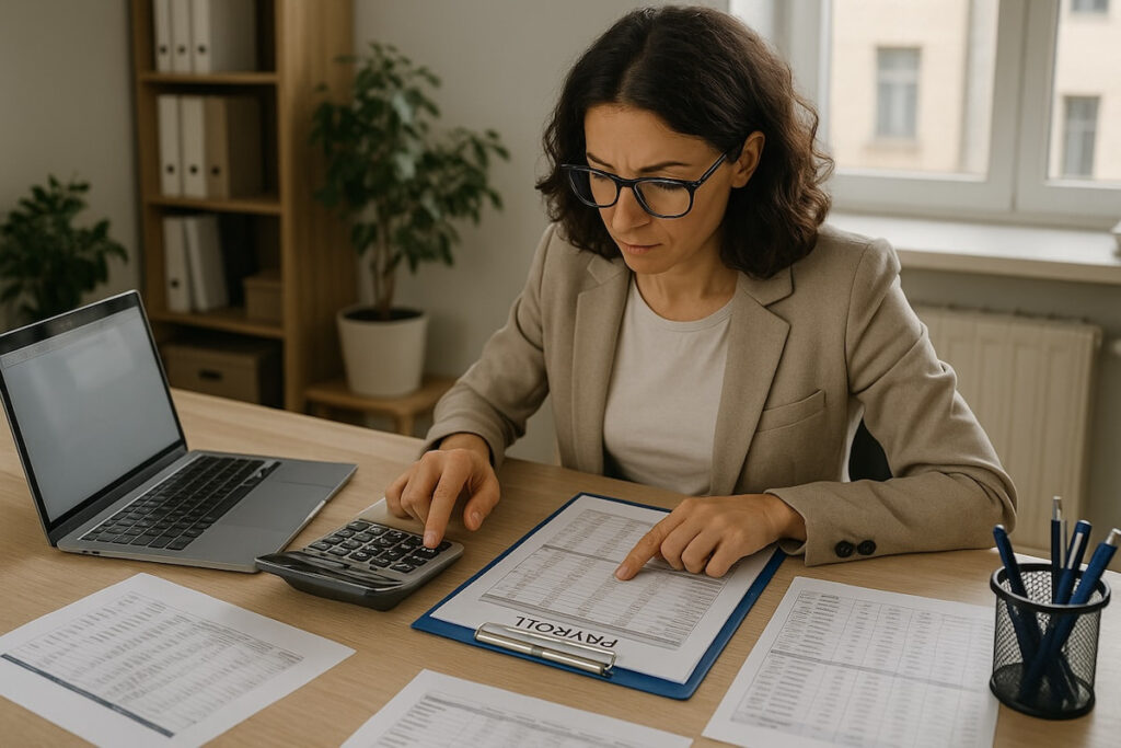 woman using calculator on desk