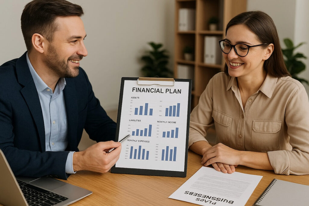 man explaining a chart to a woman