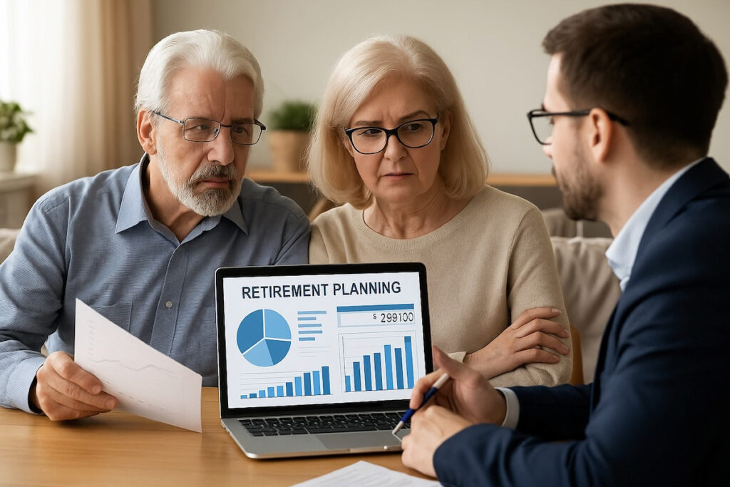 man explaining retirement planning to grandparents