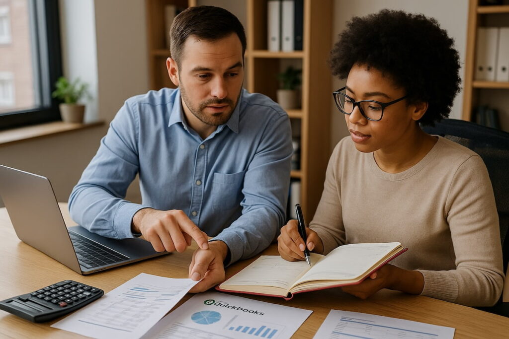 small business accounting in Nashua office with accountant teaching a woman writing on notebook