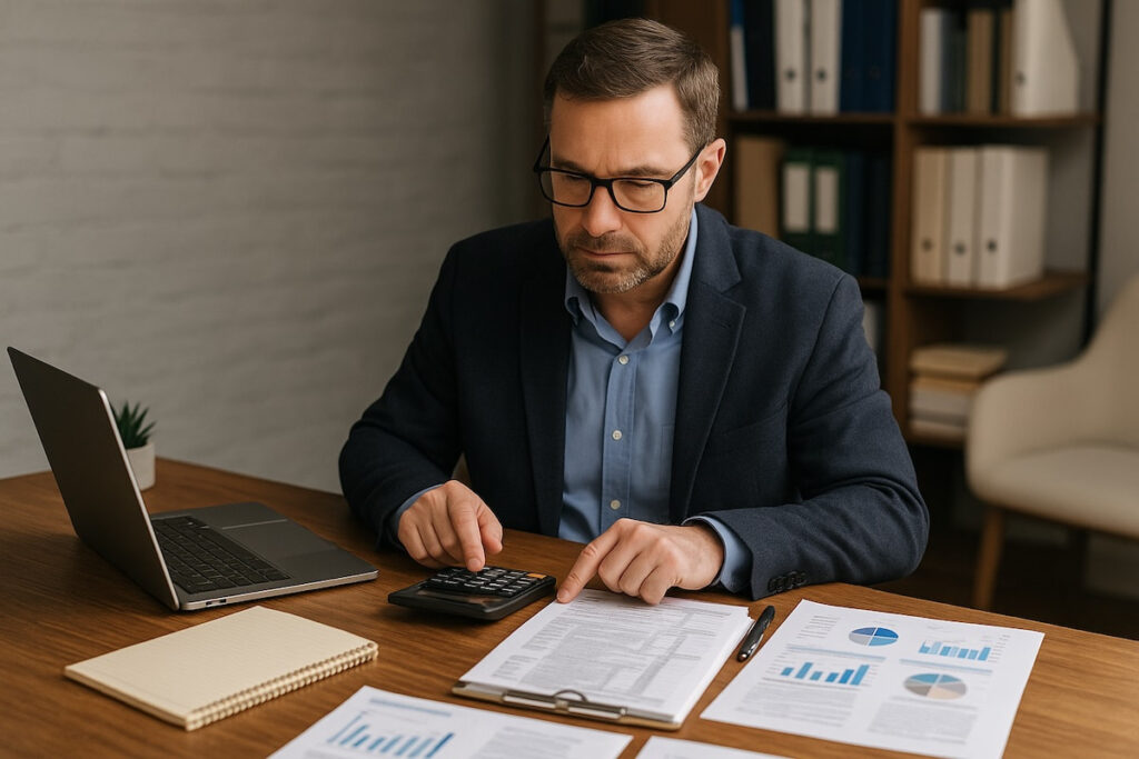 Tax accountant Nashua New Hampshire using a calculator on work desk