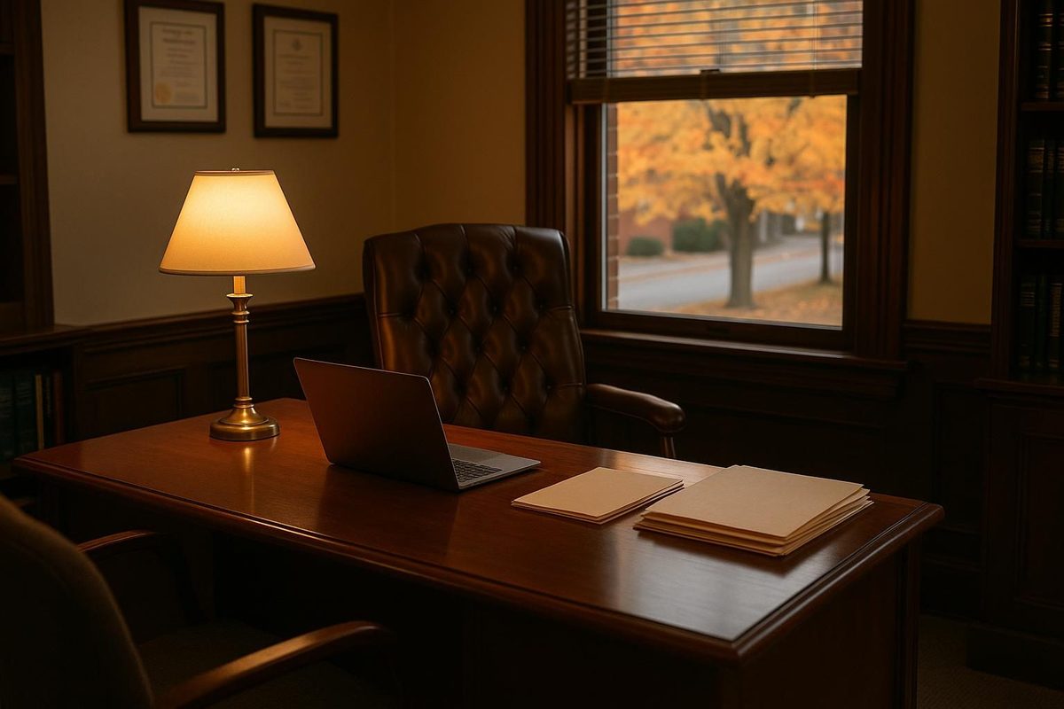 CPA Nashua NH office desk with laptop and fall foliage visible through the window